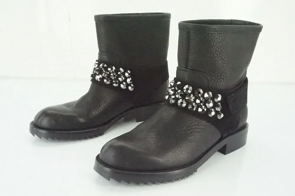 Pedro Garcia Black Leather Kian Crystal Spike Ankle Biker Boots Sz 35.5
